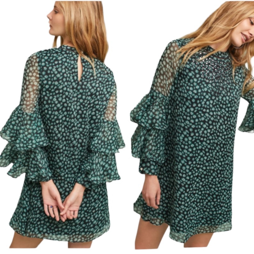 Anthro Ranna Gill Floral Mirror Sequin Flutter Ruffle Sleeve Tunic Mini Dress XS